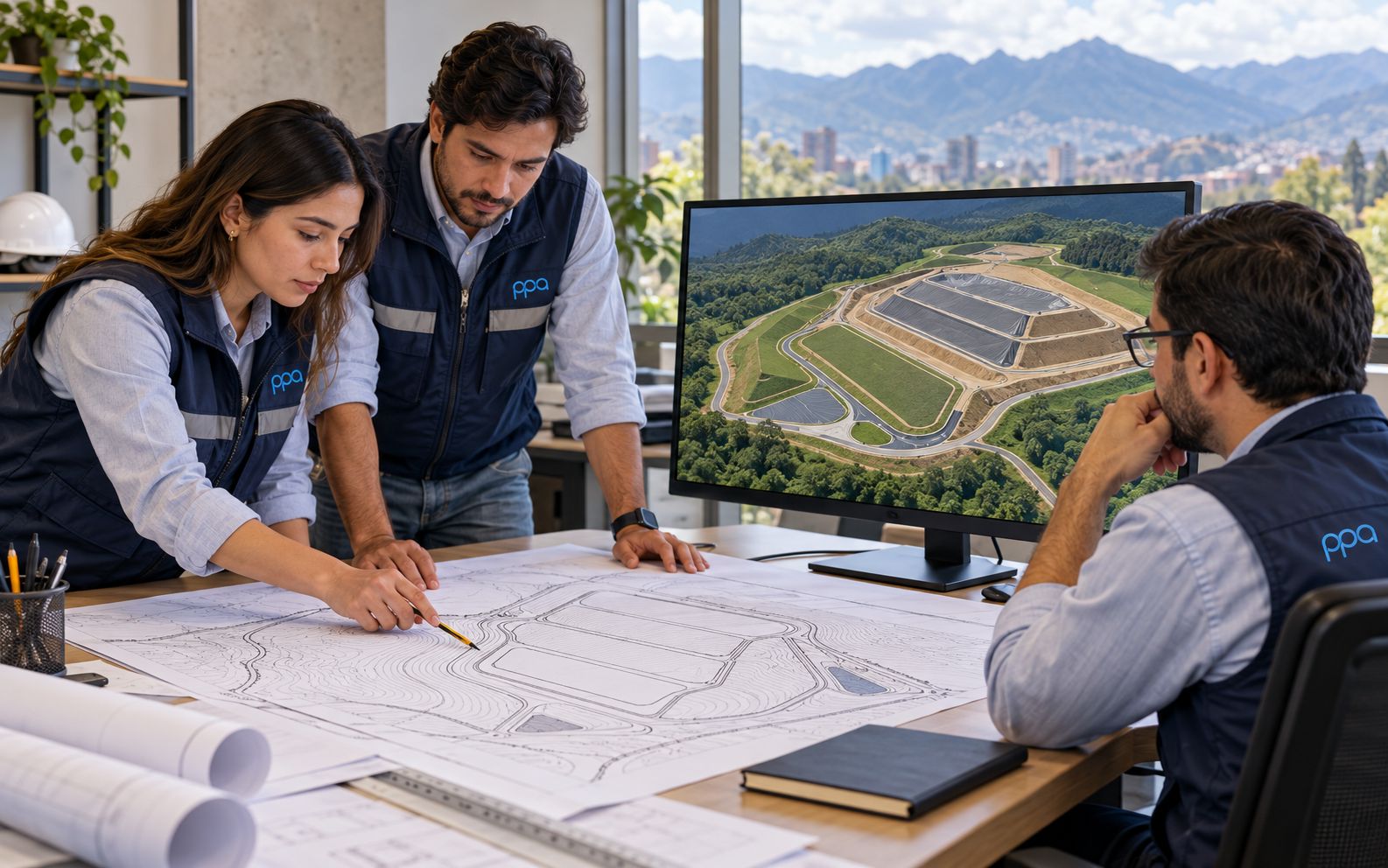 Equipo de ingeniería revisando planos y modelo de un relleno sanitario