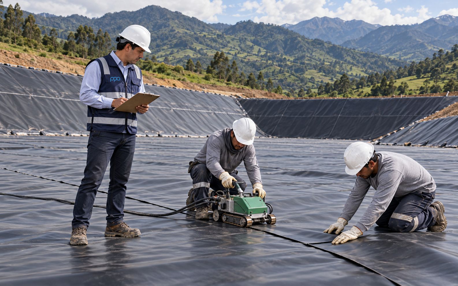Ingeniero supervisando la termofusión de geomembrana en una celda