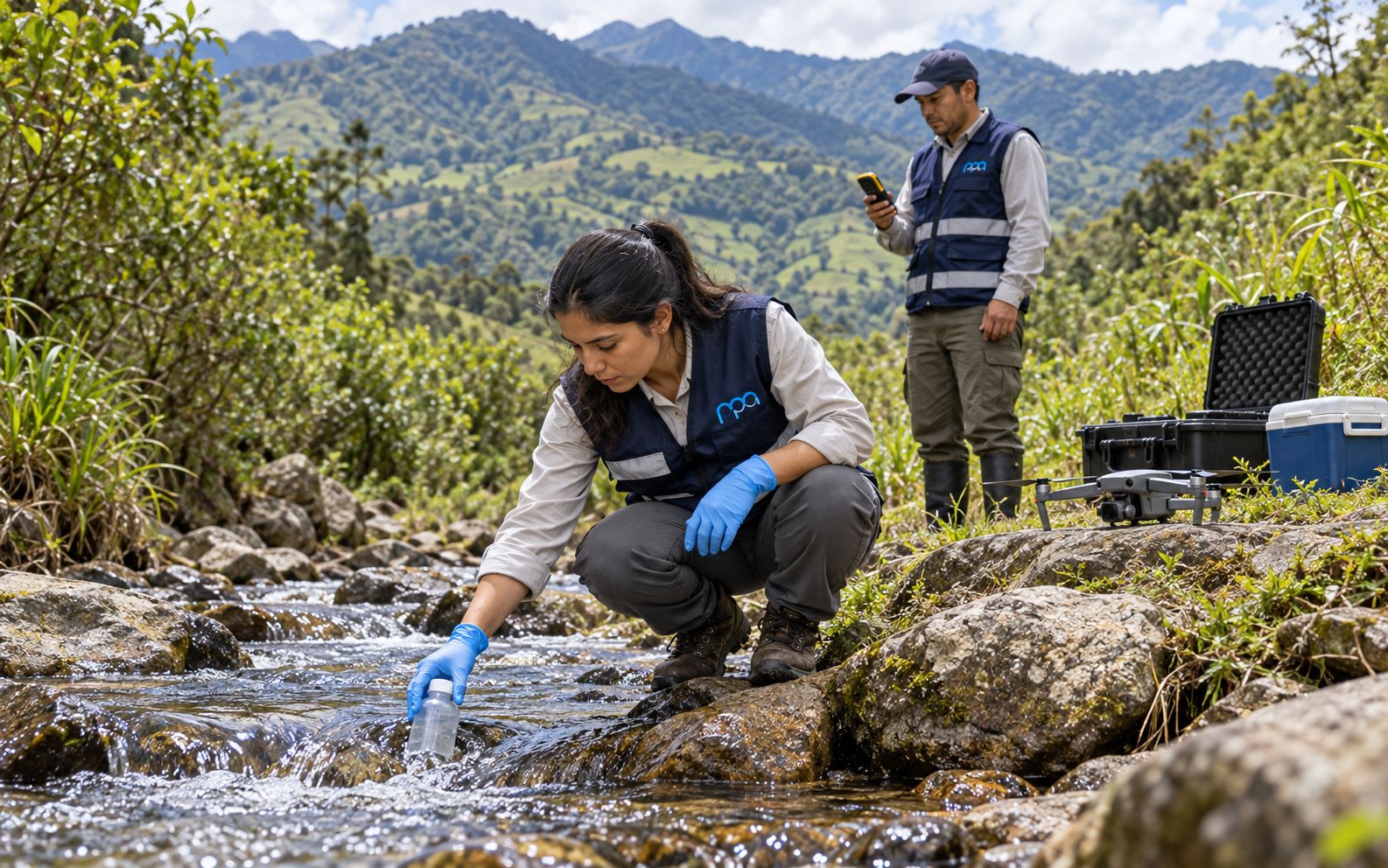 Toma de muestras de agua y levantamiento en campo para un estudio de impacto ambiental