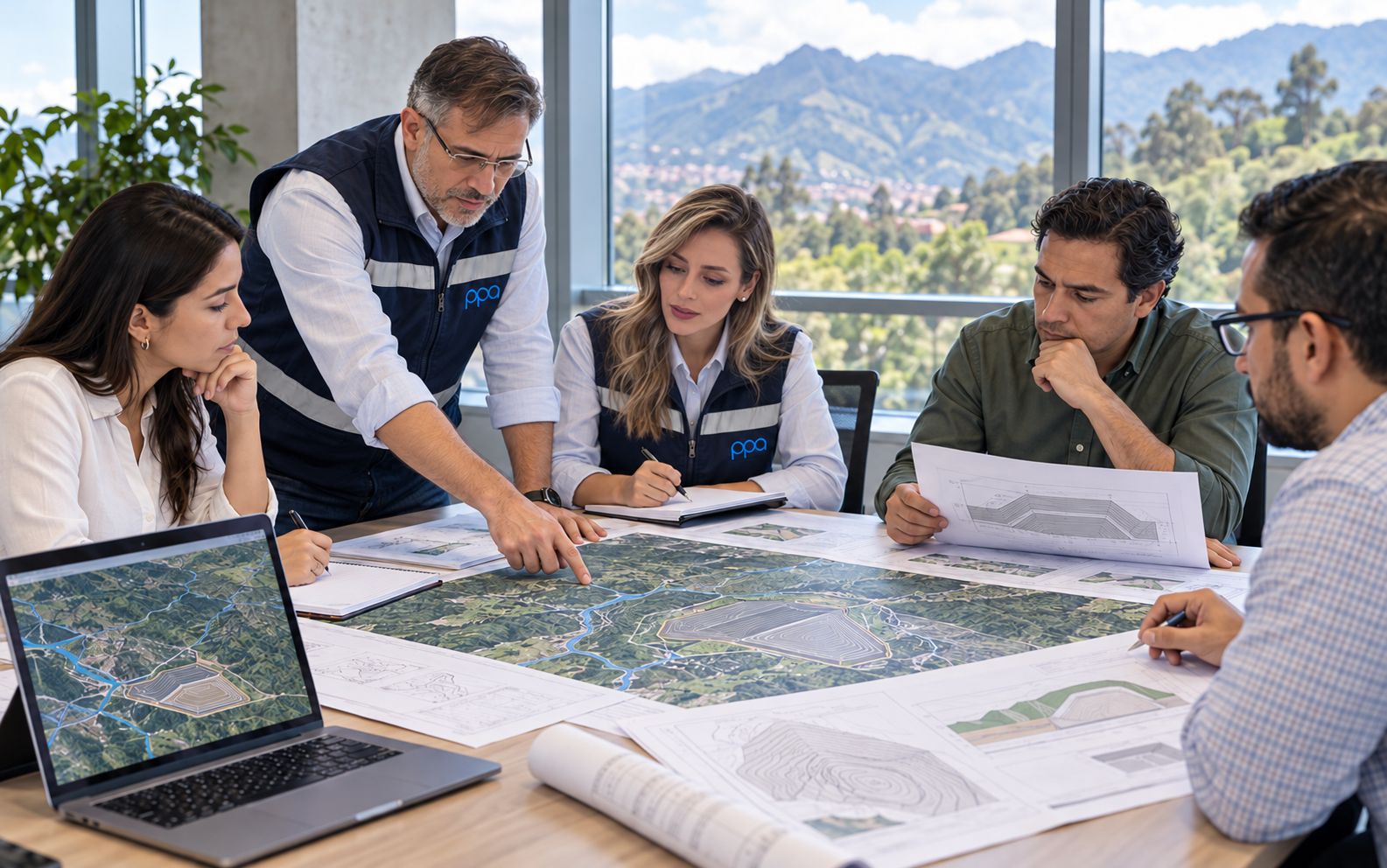 Mesa de trabajo de ingeniería con mapas y planos del proyecto